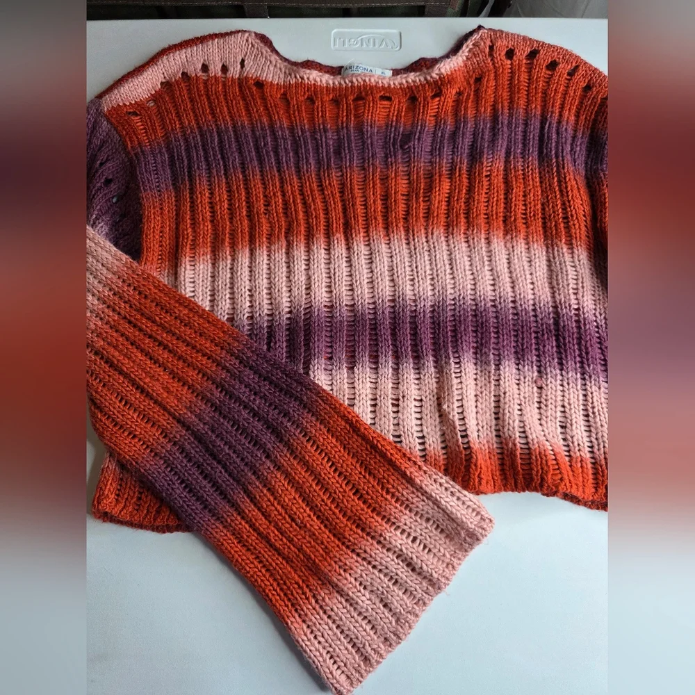 Arizona XL Loopy Knit Crop Sweater Bell Sleeves Fuzzy Stripes Cozy 2976-ac